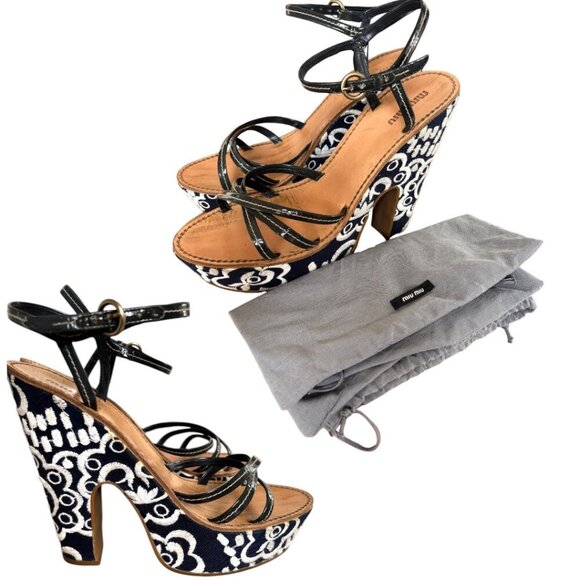 AUTHENTIC MIU‎ MIU EMBROIDERED PLATFORM STRAPPY SANDALS US 9 1/2 EURO 40 - Picture 2 of 8
